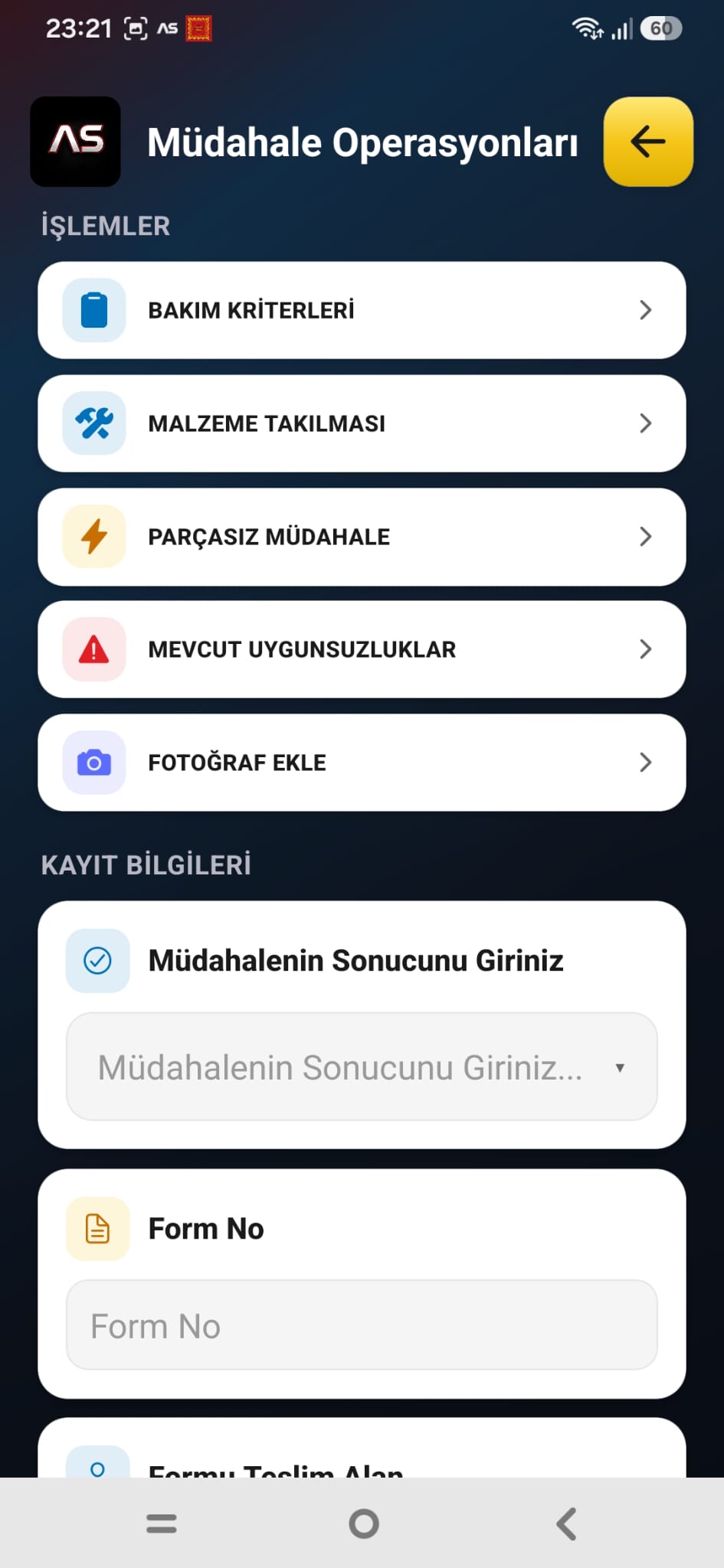 Yeni Mobil Yazılımımız ( Bakım İşlemleri )